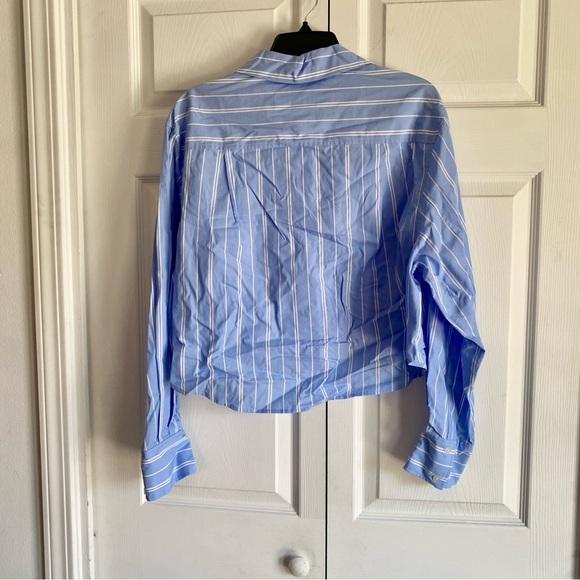 Simkhai Renata Cropped Button Down Shirt Wide Oxford Blue Stripe LARGE - Picture 5 of 6
